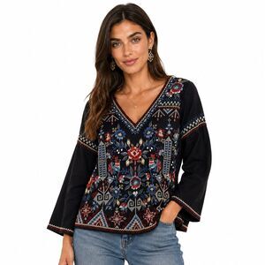 Johnny Was Workshop Blouse Womens XS Multicolor Embroidered V Neck Boho Top